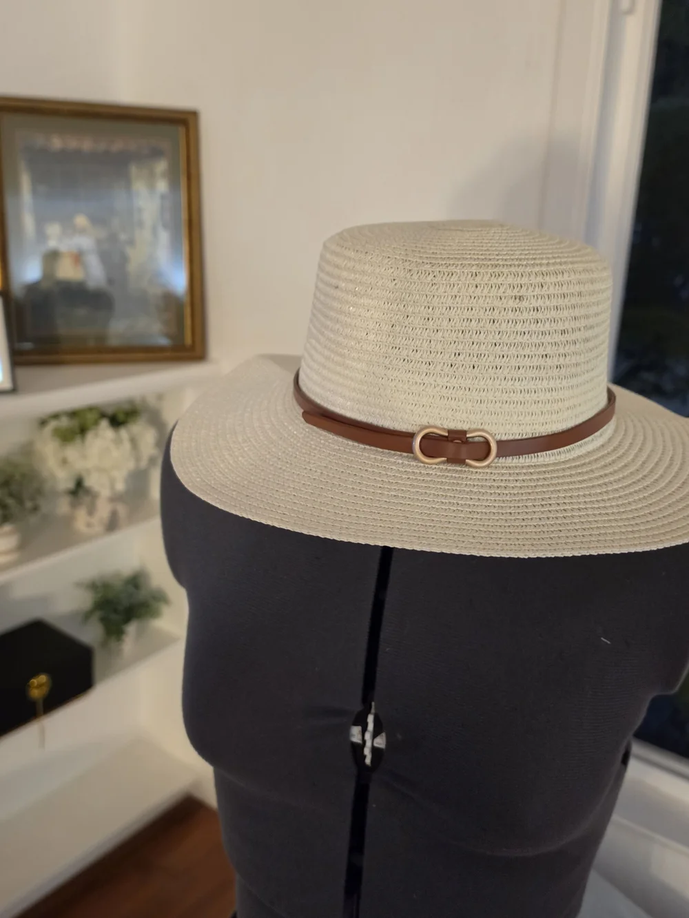 Black Or Cream Straw Rancher Hat with Brown Leather Band